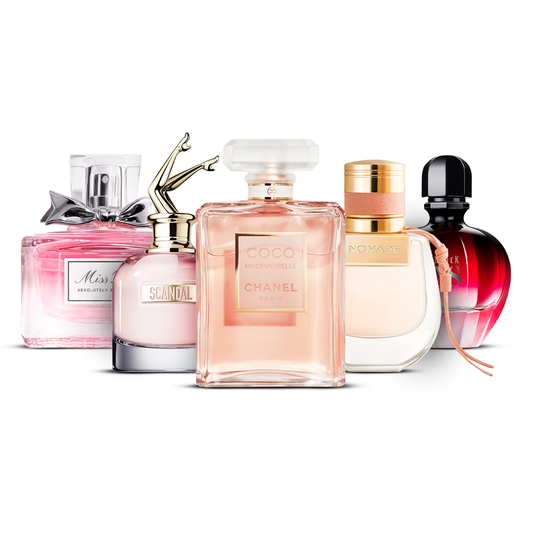 5 smaržu komplekts – Miss Dior Absolutely Blooming, Scandal, Coco Mademoiselle, Nomade un Black XS  [katra 100 ml]