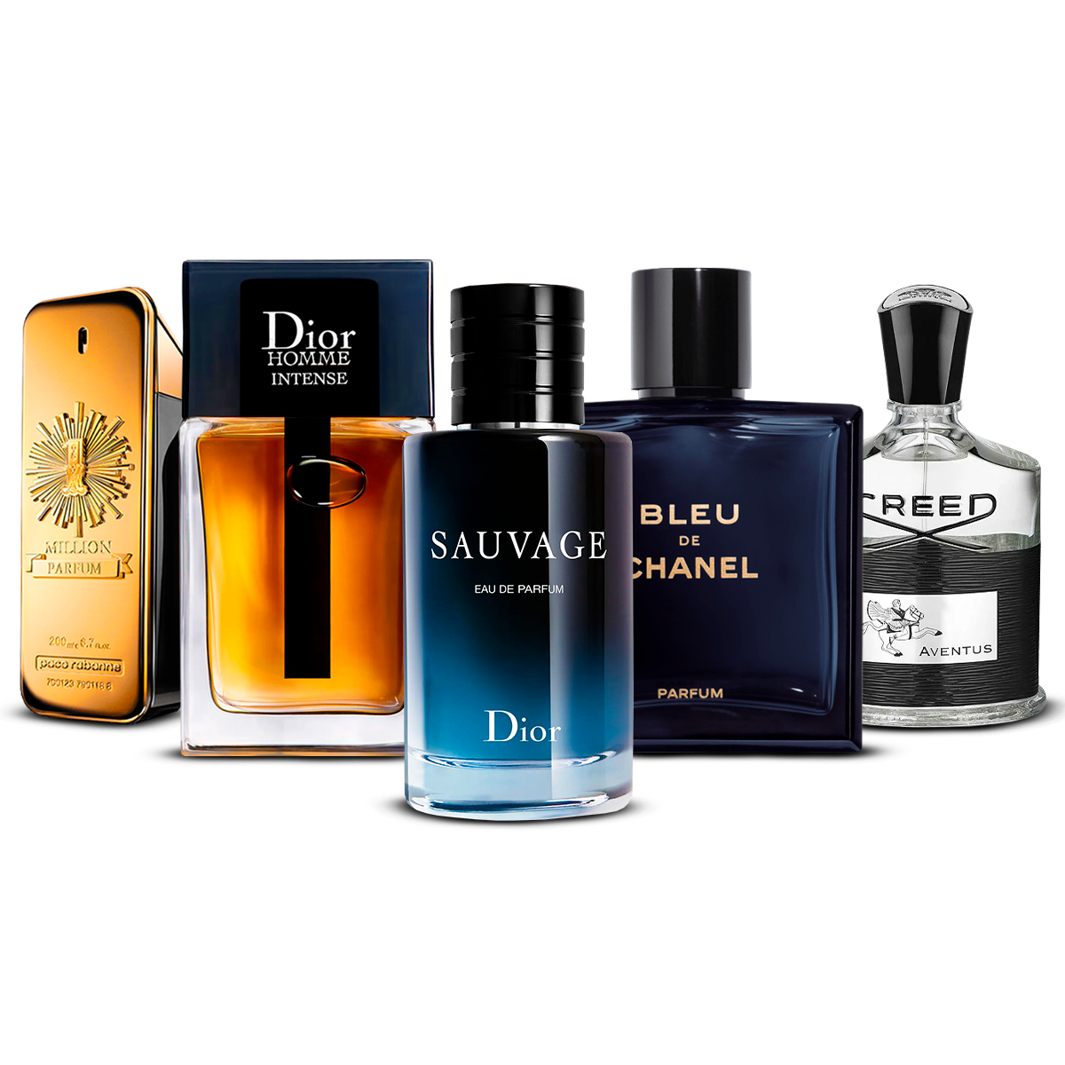 5 smaržu komplekts  –  1 Million, Dior Homme Intense, Sauvage, Bleu de Chanel un Creed Aventus  [katra 100 ml]