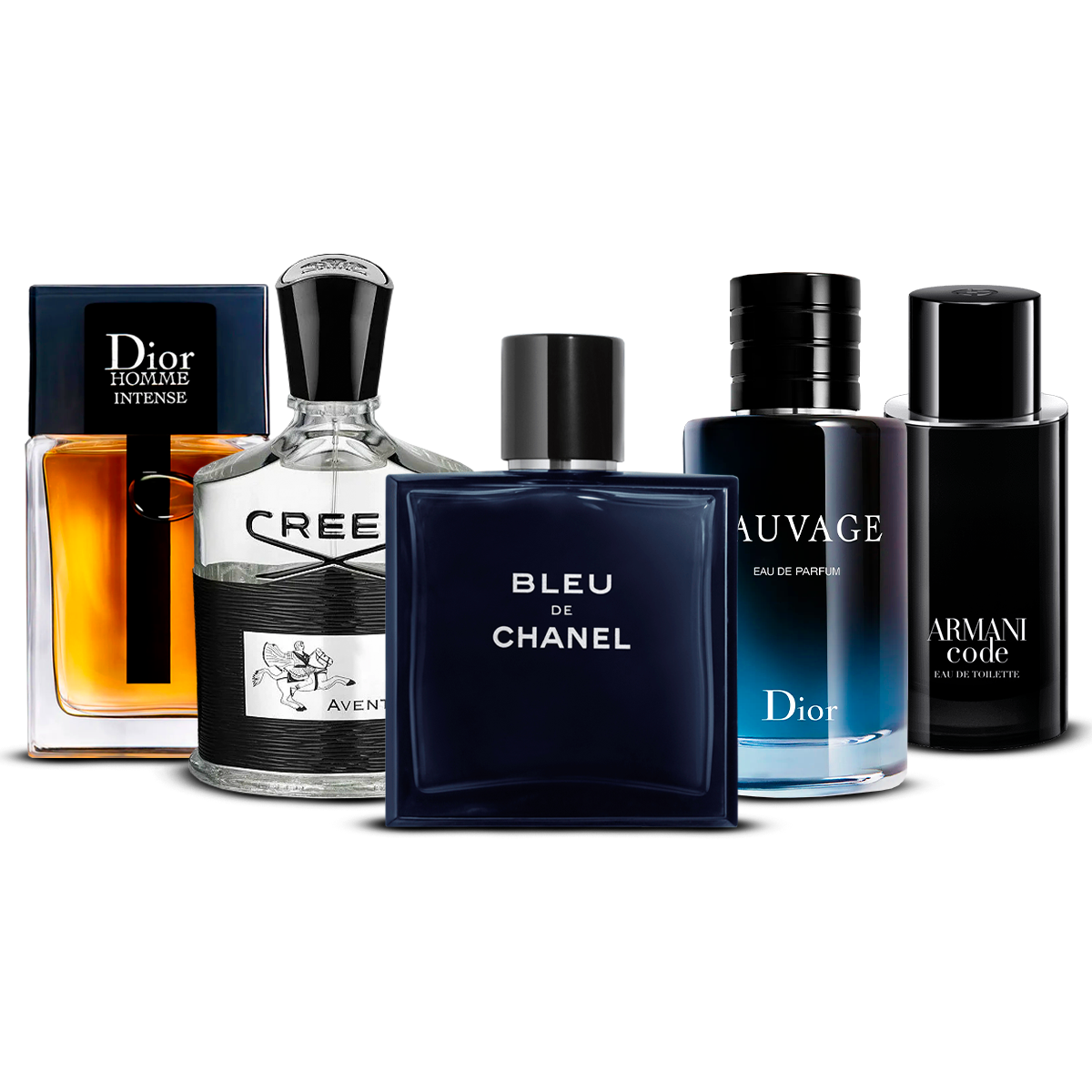5 smaržu komplekts  –  Dior Homme Intense, Creed Aventus, Bleu de Chanel, Sauvage un Armani Code   [katra 100 ml]