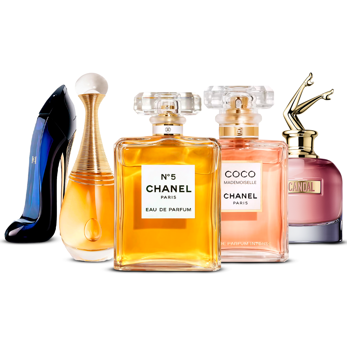 5 smaržu komplekts – Good Girl, J'adore, Chanel Nº5, Coco Mademoiselle un Scandal [katra 100 ml]