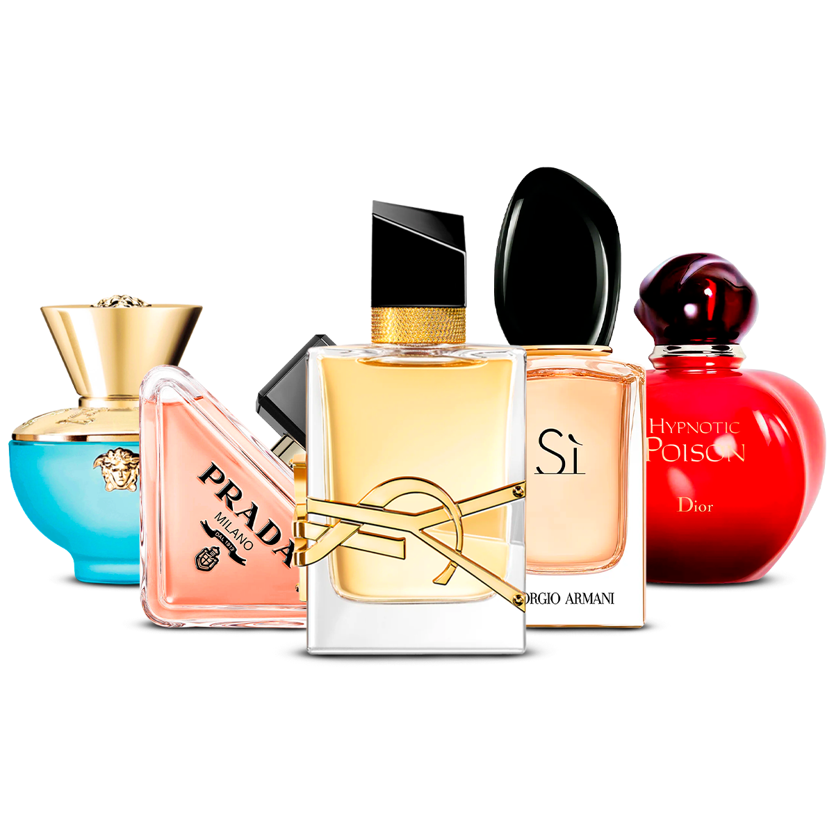 5 smaržu komplekts   – Versace Dylan Turquoise, Prada Paradoxe, Yves Saint Laurent Libre, Giorgio Armani Sì un Dior Hypnotic Poison   [katra 100 ml]