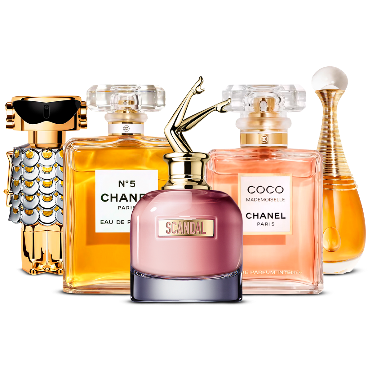 5 smaržu komplekts – Fame, Chanel Nº5, Scandal, Coco Mademoiselle un J'adore [katra 100 ml]