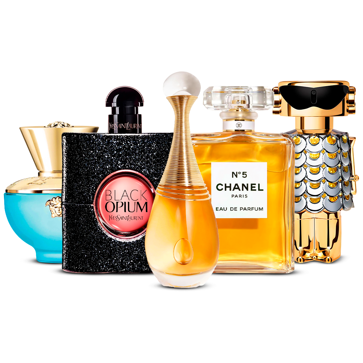 5 smaržu komplekts  – Versace Dylan Turquoise, Black Opium, J'adore, Chanel Nº5 un Fame  [katra 100 ml]