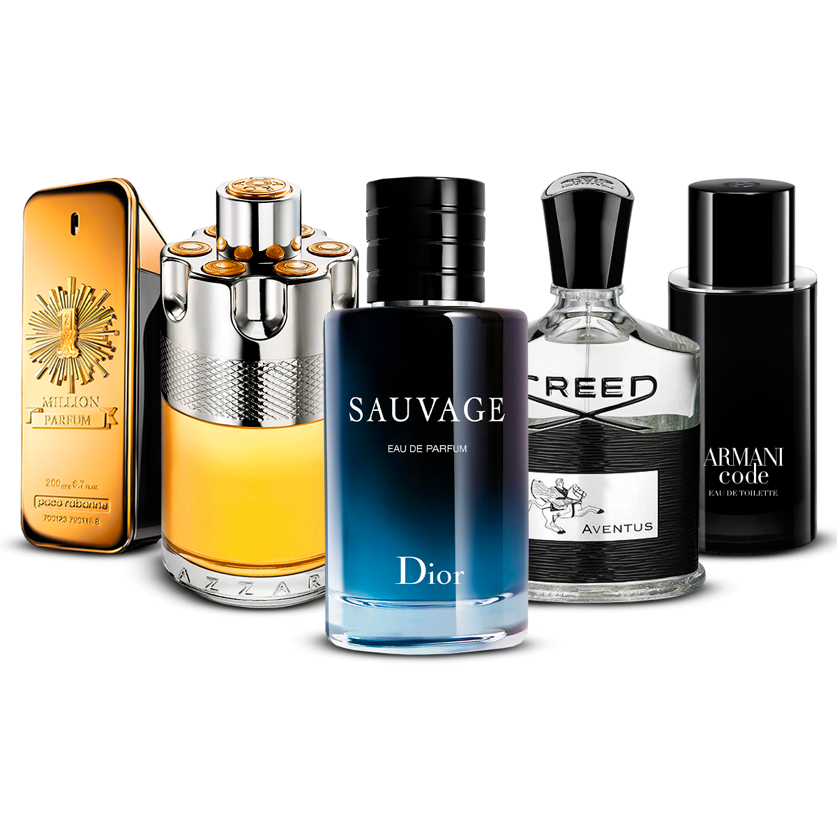 5 smaržu komplekts  – 1 Million, Azzaro Wanted, Sauvage, Creed Aventus un Armani Code  [katra 100 ml]