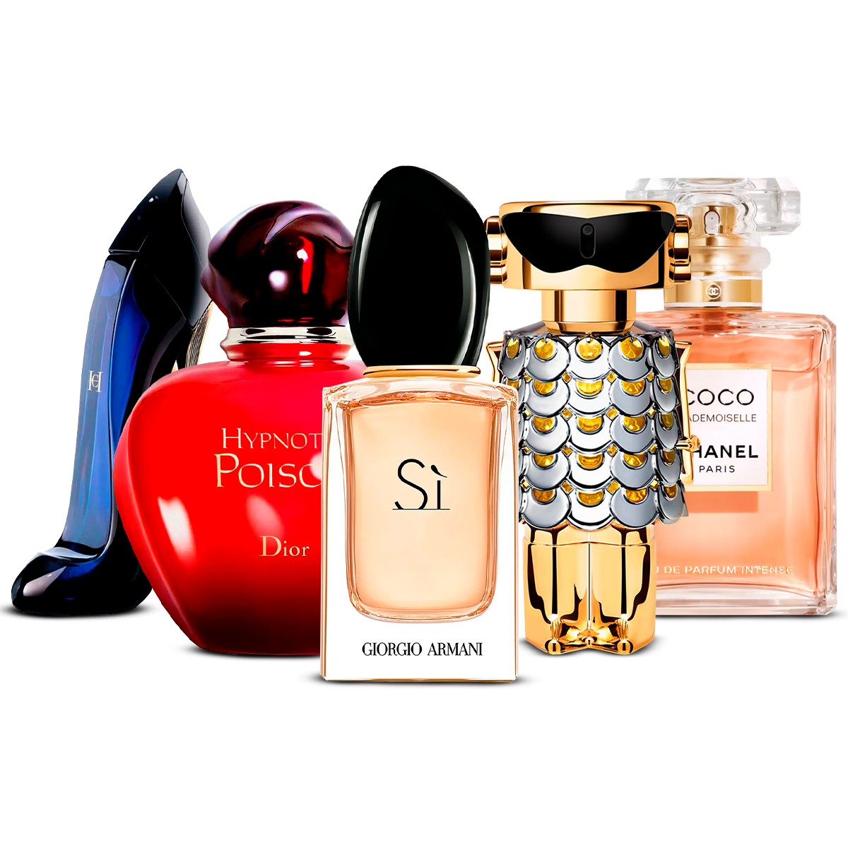 5 smaržu komplekts – Good Girl, Hypnotic Poison, Sì, Fame un Coco Mademoiselle [katra 100 ml]