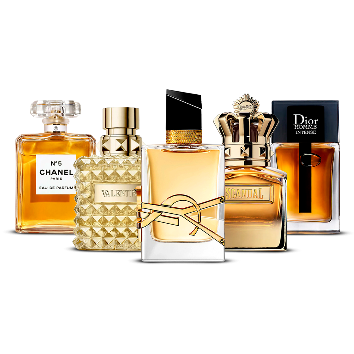 5 smaržu komplekts  – Chanel Nº5, Valentino Uomo, Yves Saint Laurent Libre, Scandal Pour Homme un Dior Homme Intense  [katra 100 ml]