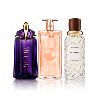3 smaržu komplekts | Alien Mugler Eau de Parfum – 90 ml | Idôle Lancôme Eau de Parfum – 100 ml | Balliamo Bottega Veneta Eau de Parfum – 100 ml