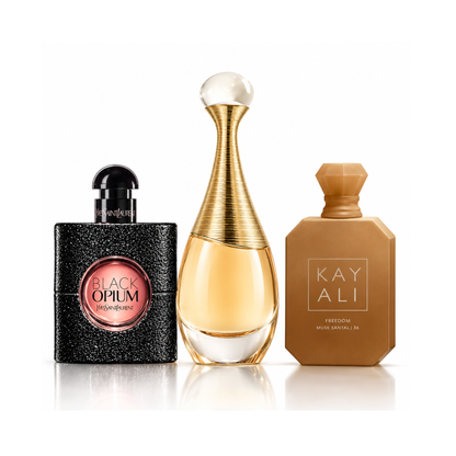 3 smaržu komplekts | Black Opium YSL Eau de Parfum – 90 ml | J’adore Dior Eau de Parfum – 100 ml | Freedom Musk Santal | 34 Kayali Eau de Parfum – 100 ml