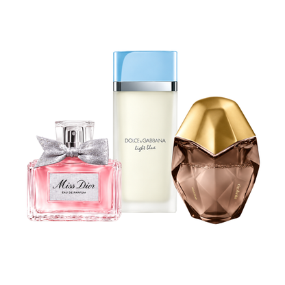 3 smaržu komplekts | Miss Dior Eau de Parfum – 100 ml | Light Blue Dolce&Gabbana Eau de Toilette – 100 ml | Ôrəbella Skin Parfum – 100 ml