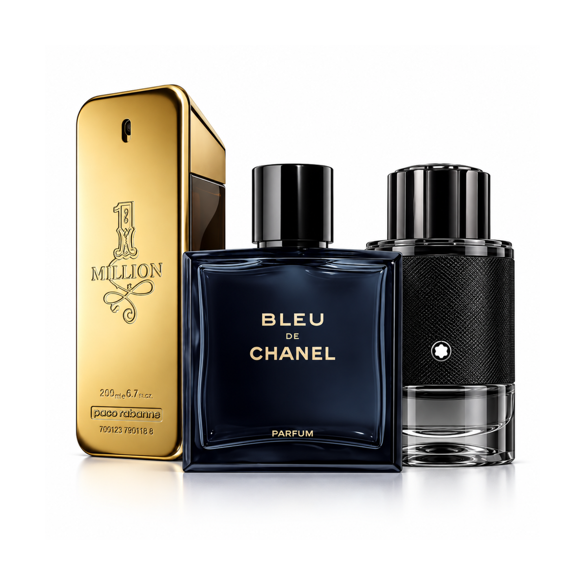 3 smaržu komplekts | One Million Rabanne Eau de Toilette – 200 ml | Bleu de Chanel Eau de Parfum – 150 ml | Montblanc Explorer Extreme Eau de Parfum – 100 ml